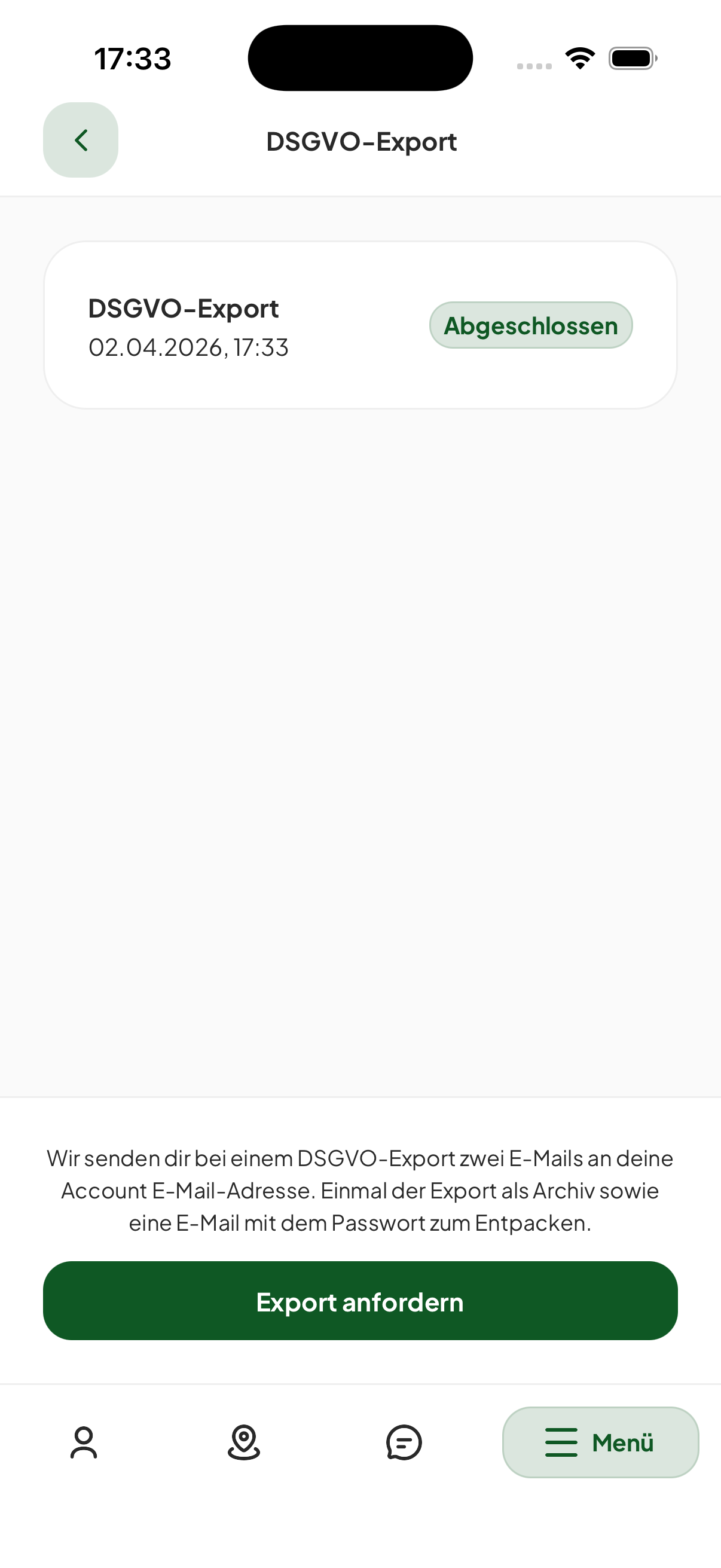DSGVO-Export im Menü der beAzubi App
