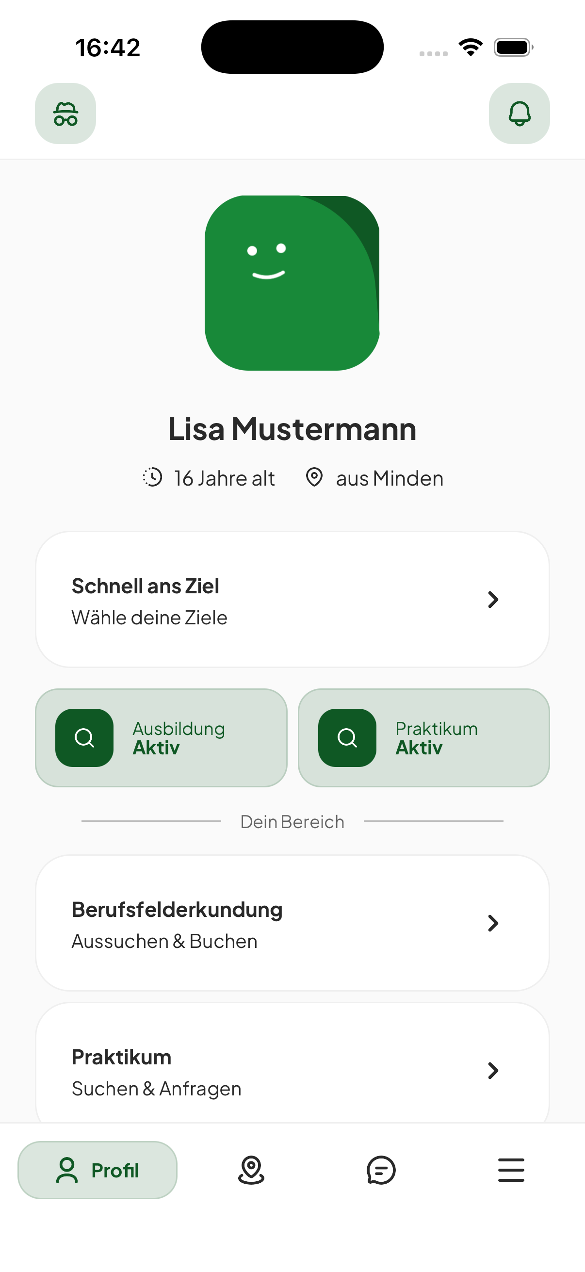 Profil-Screen in der beAzubi App